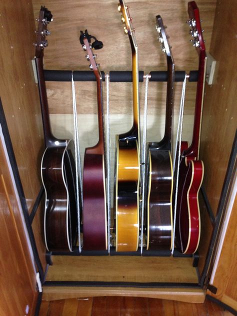 How to make a guitar humidifier cabinet from a book case. Can be modified for ukes, of course! Guitar Rack Diy, Guitar Storage Cabinet, Diy Guitar Stand, Guitar Equipment, Guitar Display Case, Music Storage, Music Room Design, Guitar Storage, Guitar Display