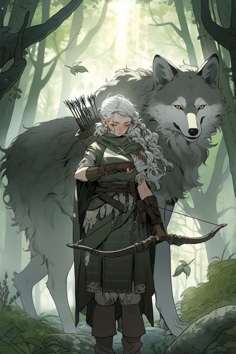 Anime Huntress, Character In Forest, Fantasy Huntress, Dnd Hunter, Dnd Ranger Character Design, Female Huntress, Ranger Character Art, Forest Character Design, Wolf Fantasy Art