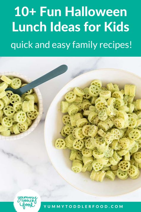 Pinwheels Green Pasta. With Text Reading: 10+ Fun Halloween Lunch Ideas for Toddlers. Halloween Food For Toddlers, Halloween Toddler Lunch, Halloween Lunches For Kids, Spooky Pasta, Halloween Lunch Ideas For Kids, Kid Friendly Holiday Recipes, Halloween Lunches, Lunch Ideas For Toddlers, Monster Muffins