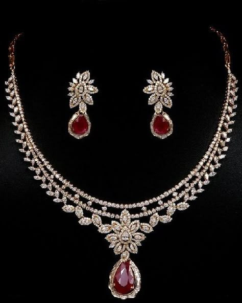 25 Simple and Beautiful Diamond Necklace Designs Ruby Necklace Set, Vummidi Bangaru Jewellers, Beautiful Diamond Necklace, Ruby Rings, Red Stones, Diamond Necklace Designs, Pendant Diamond, Diamond Necklace Set, Diamond Jewelry Necklace