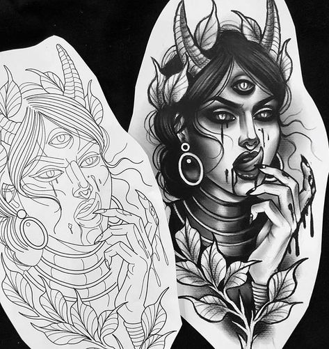 Evil Tattoos, Funky Tattoos, Devil Tattoo, Goddess Tattoo, Cool Forearm Tattoos, Leg Tattoos Women, Leg Sleeve Tattoo, Dark Art Tattoo, Different Tattoos