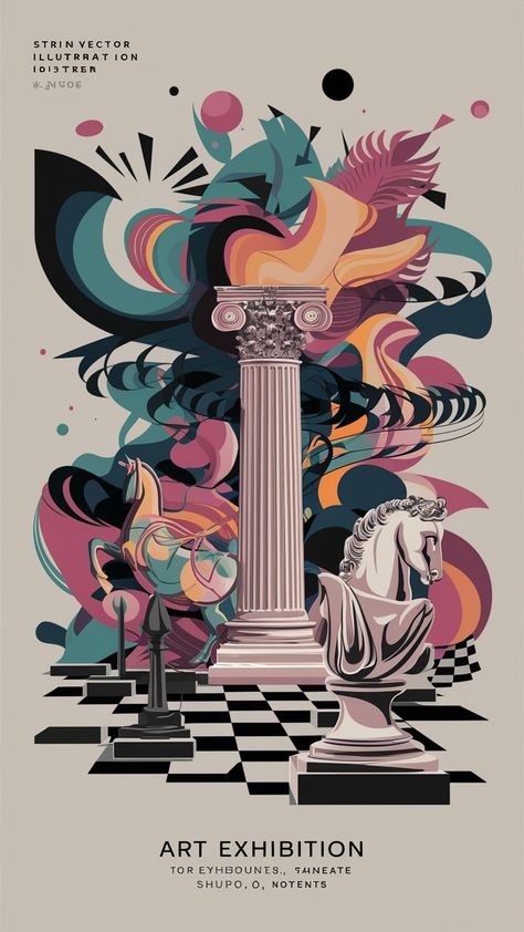 Art Exhibition Poster Design Ideas, Music Vector Illustration, Chess Horse, Music Vector, Roman Columns, Art Exhibition Posters, Greek Sculpture, Horse Pattern, The Exhibition