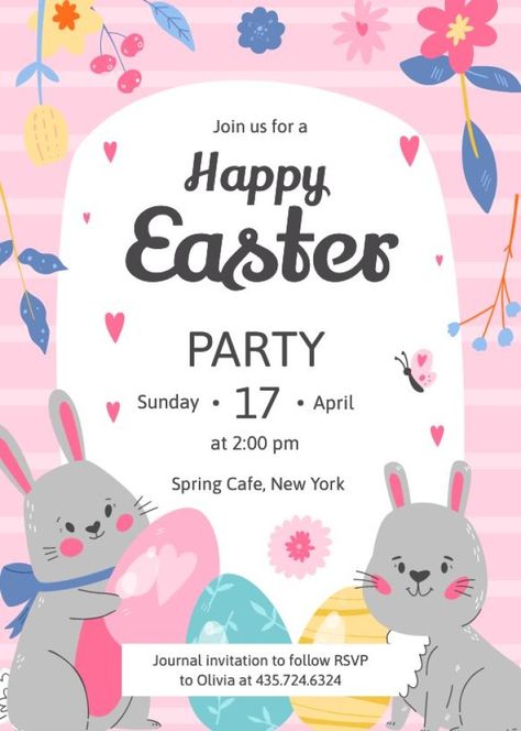 Easter Invitations Free Templates, Easter Event Poster, Bunny Invitation Template, Easter Egg Hunt Invitations, Spring Cafe, Easter Flyer, Easter Party Invite, Birthday Invitation Card Template, Easter Invitations