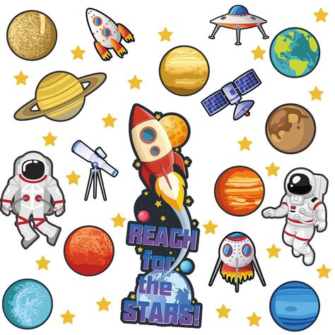 PRICES MAY VARY. Space themed classroom bulletin board decorations set includes: you will get 42 pieces of bulletin board cutouts set, each set come with 100 pieces of glue point dots, with space theme elements, like castle, star, planet, astronaut, spacecraft, instrument and so on, which make those classroom bulletin board cutouts are suitable for decorating walls, bulletin boards, doors and desks Easy to use: you can stick the glue point dots where you want, tear off the white protective film, Outer Space Bulletin Boards, Space Themed Classroom Ideas, Space Cutouts, Space Themed Classroom, Space Bulletin Boards, Planet Decor, Classroom Chalkboard, Bulletin Board Decoration, Wall Bulletin Board