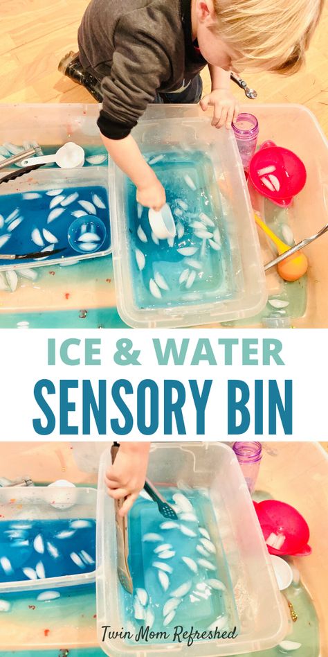 Ice Sensory Bin - Twin Mom Refreshed Ice Sensory Bin, Ice Sensory Play, Easy Sensory Bin, Sensory Play For Toddlers, Sensory Bin For Toddlers, Sensory Play Toddlers, Toddler Sensory Bins, Ice Play, Outdoor Activities For Toddlers