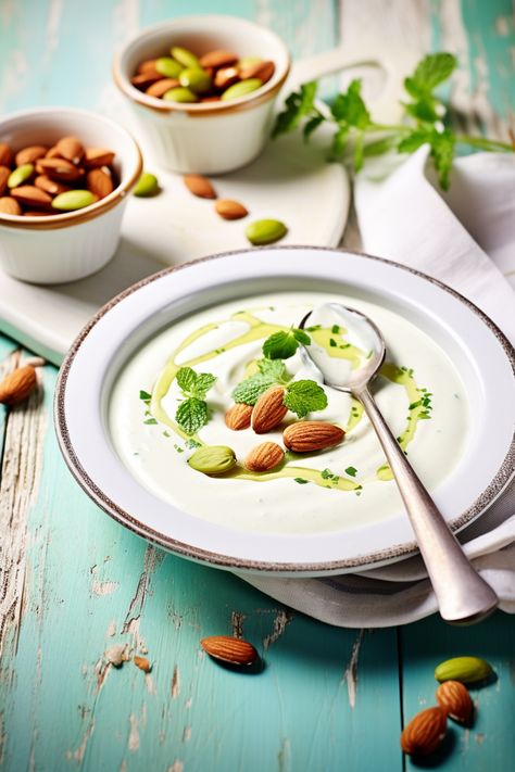 Dive into the heart of Andalusia with this Ajo Blanco recipe, a silky smooth chilled almond soup that's perfect for hot summer days! 🌞🥣 #AjoBlanco #ChilledSoup #MediterraneanCuisine #AndalusianDelight #SummerRecipes Almond Soup, Chilled Soup, Cold Soup, Spanish Cuisine, Blanched Almonds, Mediterranean Cuisine, Fresh Mint Leaves, Lou Lou, Roasted Almonds