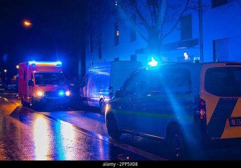 German Ambulance and Police Car at rainy night, blue light, medical transport, Berlin, Germany Stock Photo Humboldt Forum, Fat Tailed Gecko, Police Lights, Museum Island, Night Illustration, Berlin City, Brandenburg Gate, Rainy Night, Macro Photos