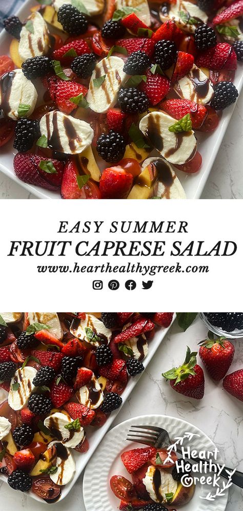 Easy Summer Fruit Caprese Salad Balsamic Strawberry Caprese, Large Party Side Dishes, Fruit Caprese Salad, Watermelon Caprese Salad, Healthy Greek Recipes, Party Side Dishes, Party Dip Recipes, Salads For A Crowd, Mozzarella Salad