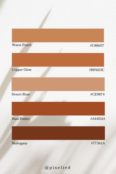 This palette features warm and inviting tones: Warm Peach and Copper Glow provide soft, radiant warmth, Desert Rose adds a gentle touch, while Rust Ember and Mahogany bring rich, earthy depth, perfect for a cozy and vibrant atmosphere. Desert Color Palette, Color Scheme Generator, Earth Colour Palette, Tone Color Palette, Earth Tone Color Palette, Earth Tone Color, Desert Colors, Palette Color, Earth Color