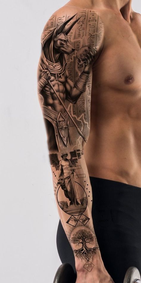 Anubis Sleeve Tattoo, Tattoo Arm Sleeve Mens, Realistic Tattoo Design For Men, Greek Arm Tattoo, Greek Angel Tattoo, Greek Tattoos For Men, Mens Arm Sleeve Tattoos, Tattoo Arm Mens, Anubis Tattoo Design Ideas