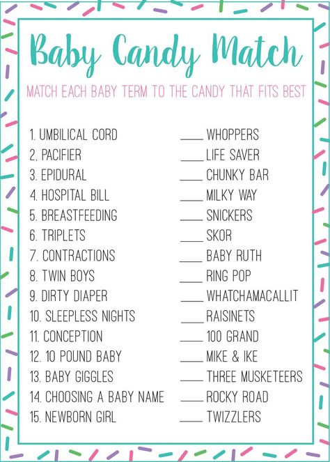 Use this free printable to play the candy match baby shower game at your next baby shower. This is a fun and easy game for guests of all ages! #printable #baby #babyshower #freeprintable Free Printable Baby Shower Games Prints, Fun Baby Shower Games For Large Groups, Last Minute Baby Shower Games, Baby Shower Paper Games, Candy Bar Baby Shower Game, Baby Shower Games Ideas, Candy Bar Baby Shower, Sprinkle Games, Baby Sprinkle Games