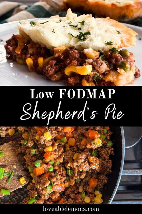 serving size of shepherds pie on a white plate with a skillet full of ground beef and veggies. Low Fodmap Casserole, Ibs Friendly Food, Fodmap Recipes Dinner, Low Fodmap Recipes Dinner, Low Fodmap Diet Recipes, Fodmap Diet Recipes, Beef And Potatoes, Shepherd's Pie, Low Fodmap Diet