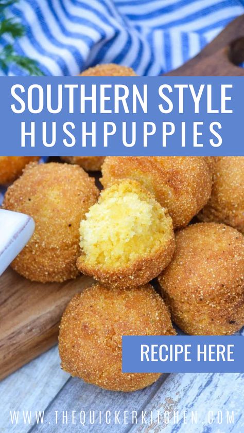 Homemade hushpuppies are a Southern staple. These fried cornmeal fritters are crunchy on the outside and tender on the inside with a slightly sweet savory flavor you’ll love! View this easy family recipe at www.thequickerkitchen.com Homemade Hushpuppies Recipe, Homemade Hushpuppies Easy, Sourdough Hushpuppies, Hush Puppies Recipe Jiffy, Hush Puppies Recipe Easy, Hushpuppy Recipes, Homemade Hushpuppies, Cornmeal Fritters, Homemade Hush Puppies