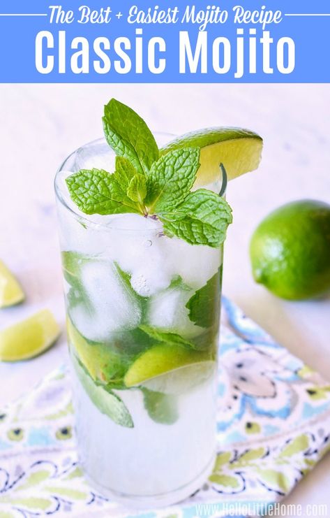 Learn how to make a Mojito! This Classic Mojito recipe is simple, delicious, and so easy to prepare. Make this traditional, easy Mojito cocktail with simple ingredients: limes, sugar, mint, club soda, and rum. This refreshing Mojito Drink is perfect for a hot summer day and takes minutes to prepare … make one or prepare it for a crowd or party! | Hello Little Home #mojito #drinkrecipe #cocktailrecipes #summerdrinks #mojitorecipes #rum #rumdrinks #cocktails #cocktaildrinks How To Make Mojitos, Vodka Mojito, Mojito Recipe Classic, Mojito Drink, Mint Drink, Mojito Mocktail, Virgin Mojito, Citrus Cocktails, Coctails Recipes