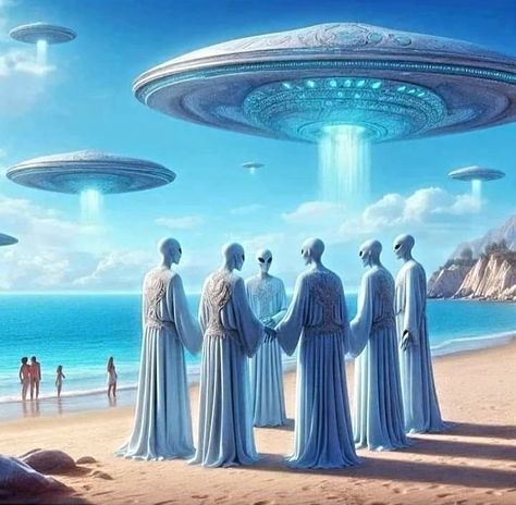 Group Of Aliens, Pleidians Aliens, Pleiadians Aliens, Alien Worlds Planets, Alien Planet Landscapes, Alien Pictures, Ancient Astronaut Theory, Ufo Art, Grey Alien