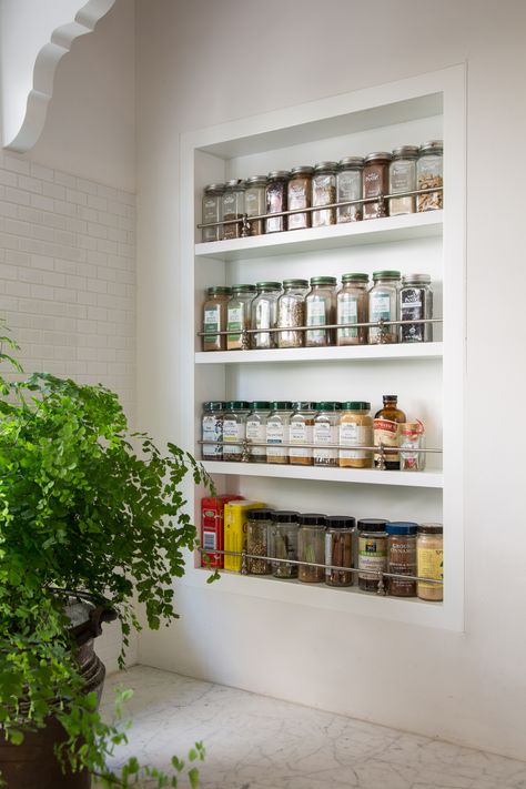 Kitchen Wallpaper Accent Wall, Wall Spice Rack, Home Bar Setup, Shop Shelving, Kitchen Shelf Decor, Kitchen Wall Shelves, Utility Cabinets, Narrow Shelves, Built In Cabinet