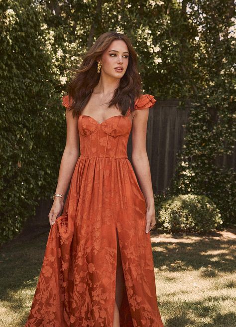 Jianna Rust Flutter Sleeves Maxi Dress Atelier Dresses | Azazie Special Event Dresses Parties, Rust Orange Dress, Burnt Orange Bridesmaid Dresses, Rust Bridesmaid Dress, Prom Dresses Boho, Orange Bridesmaid Dresses, Formal Wedding Guest Dress, Military Ball Dresses, Orange Maxi Dress