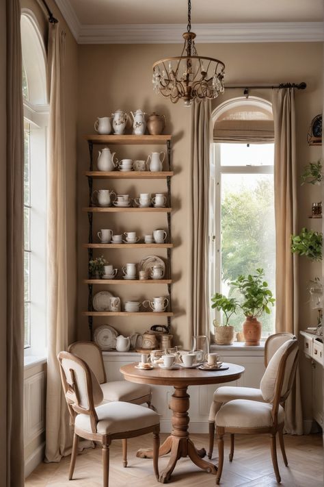 Cozy dining nook with a round wooden table, three upholstered chairs, and shelves filled with antique china near large windows. French Provincial Style Homes, French Country Provincial Decor, French Country Interior Design Style, French Provincial Kitchen Decor, French Provincial Decor Kitchen, Coffee Nook Ideas, French Provincial Interior Design, Modern French Decor, Coffee Nooks