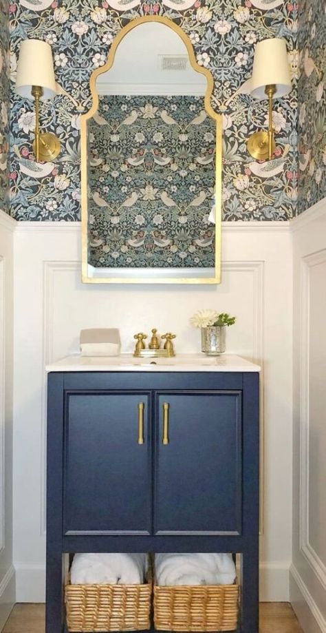 A Classic Powder Room • Lakeshore Magazine Navy And Gold Wallpaper Powder Room, Lux Powder Room, Blue Powder Room Ideas, Classic Powder Room, Blue Powder Room, Transitional Powder Room, Traditional Powder Room, Wallpaper Powder Room, Powder Room Wallpaper