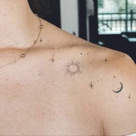 Star Tattoo On Shoulder, Bookish Tattoos, Moon Tattoos, Single Needle Tattoo, Petite Tattoos, Tasteful Tattoos, Small Girl Tattoos, Tatuaje A Color, Small Hand Tattoos