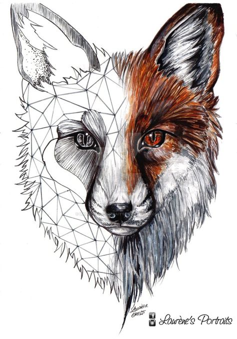 Half geometric, half realistic fox by Laurenes-Portraits Fox Tattoo Design, Geometric Fox, Geometric Portrait, Fox Drawing, Fox Tattoo, Head Tattoos, Wolf Tattoos, Geometric Animals, Fox Art