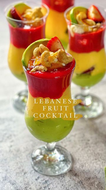 Taghrid Ahmad on Instagram: "Lebanese Fruit Cocktail! It’s the season 😍 the warm weather is well & truly here & you’re going to want to make these on repeat! I’ve made these healthier & lighter than the original by using honey as a sweetener. These are so popular during Ramadan here in Sydney, in Lebanon you will find these fruit cocktail bars at almost every corner, why not make them at home they’re easier than you think 😉 The key ingredient in these cocktails is freshly blended + sweetened Hass Avocado 🥑 - it’s quite delicious on its own with clotted cream, nuts & a drizzle of honey or try adding other fruits like I have like puréed strawberry, mango & banana! Here’s the full recipe 👇 Lebanese Avocado Cocktail/Smoothie For the avocado layer: 4 ripe Hass avocados @australianavocados Lebanese Fruit Cocktail Recipe, Lebanese Cocktail, Avocado Cocktail, Recipe Lebanese, Recipes With Fruit Cocktail, Cocktail Corner, Avocado Smoothie Recipe, Lebanese Desserts, Fruit Cocktail