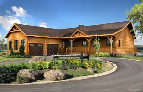 Log Home Plan, Modern Roofing, Log Home Floor Plans, Dream Ideas, Log Home Decorating, Open Living Area, Attached Garage, Roof Architecture, Log Cabin Homes