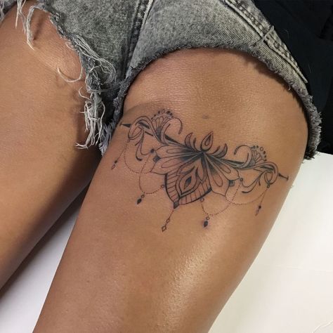 Lace Thigh Tattoos, Thigh Band Tattoo, Back Of Thigh Tattoo, Leg Band Tattoos, Upper Leg Tattoos, Upper Thigh Tattoos, Garter Tattoo, Girl Thigh Tattoos, Thigh Tattoo Designs