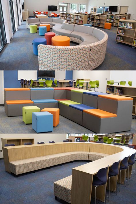 Library In Office Space, School Media Center Design, School Furniture Ideas, Library Ideas For School, School Library Design Interior, Student Lounge Design, Learning Center Design, School Classroom Design, School Design Ideas