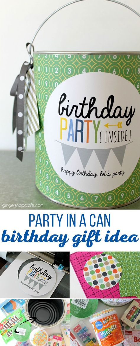 Party in a Can Birthday Gift Idea Easy Birthday Gifts, Cricut Birthday, Easy Birthday, Diy Christmas Gifts Cheap, Birthday Crafts, Birthday Box, Gift Diy, Ideas Birthday, Birthday Printables