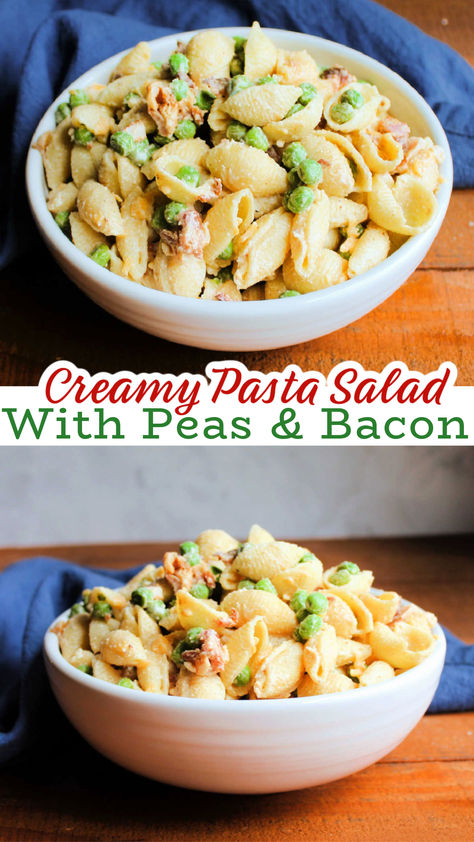 This creamy pasta salad with peas and bacon is the perfect side dish for all of your summer BBQs, picnics, and more. It is a mash up of two favorite side dishes and the combination is delicious. Macaroni Salad With Peas, Pasta Salad With Peas, Peas And Bacon, Peas Bacon, Salad With Peas, Creamy Pasta Salad, Creamy Pasta Salads, English Peas, Fruit Salads