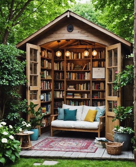 Garden Reading Nook Outdoor, Outdoor Library Design, Book Library Outdoor Diy, She Shed Library, Reading Shed, She Shed Interior, Garden Library, Garden Room Ideas, Shed Interior