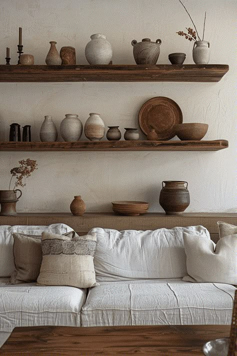 Pottery Display Ideas Home, Wabi Sabi Shelf, Wabi Sabi Shelves, Pottery Display Ideas, Imperfect Pottery, Living Room Wabi Sabi, Pottery Shelf, Wabi Sabi Dining, Wabi Sabi Apartment