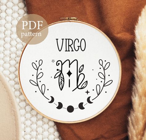 Zodiac Embroidery Patterns, Virgo Embroidery, Zodiac Embroidery, Cute Zodiac, Virgo Aries, Embroidery Modern, Zodiac Designs, Aries Leo, Embroidery Diy