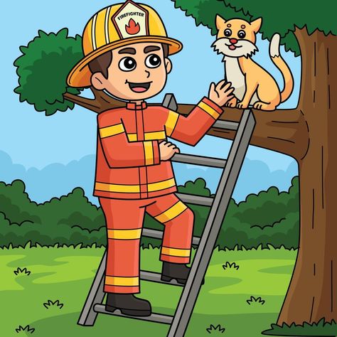 Firefighter Saving a Cat Colored Cartoon Tree Saw, Logo Banners, Cityscape Photos, Nature Backgrounds, Cat Colors, Heart With Arrow, Background Banner, Landscape Photos, Firefighter