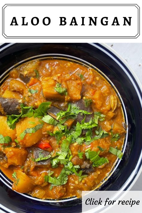 Eggplant And Potato Curry, Aloo Tomato Curry, Indian Eggplant Recipes Simple, Curry Eggplant, Indian Eggplant Curry, Aloo Baingan, Indian Eggplant, Rice Curry, Spicy Eggplant