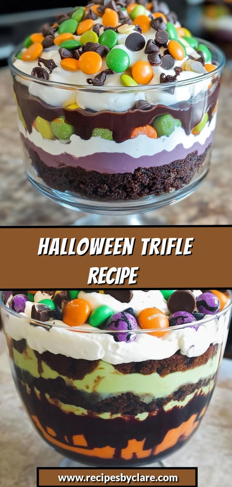 A festive and delicious layered dessert perfect for Halloween, featuring rich chocolate cake, pumpkin spice, and creamy layers!

Ingredients:

1 box chocolate cake mix
1 cup heavy cream
1 cup pumpkin pie filling
1 cup crushed Halloween cookies
This trifle combines layers of moist chocolate cake, spiced pumpkin filling, and creamy whipped topping, all topped with crunchy Halloween cookies—making it a perfect treat for any Halloween celebration! Halloween Truffles Bowl, Halloween Cake In A Cup, Autumn Trifle, Halloween Trifle Ideas, Halloween Trifles, Halloween Trifle Desserts, Halloween Trifle, Fall Trifle Desserts, Halloween Poke Cake