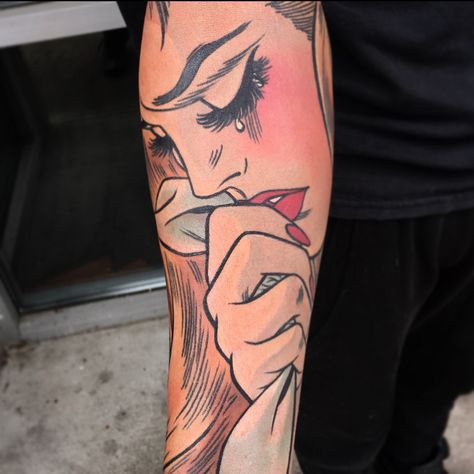 Comic style woman by Whitney #paradoxtattoo #paradoxtattoogallery #comics #comiccon #comictattoo #colortattoo #woman #crying Paradox Tattoo, Book Tattoo Ideas, Tea Tattoo, Comic Book Tattoo, Comic Tattoo, Lace Tattoo, 3d Tattoos, Comic Book Style, Book Tattoo