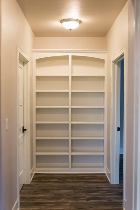 #homebuilder #RadueHomes #builtins #shelving #whiteshelving #hallway Bookcase At End Of Hallway, Shelving In Hallway, Stair Landing Shelves, Built In Bookshelf End Of Hallway, Built In Bookshelf Hallway, Hallway Bookcase Built Ins, End Of Hallway Bookcase, End Of Hallway Built In Shelves, Bookshelf In Hallway