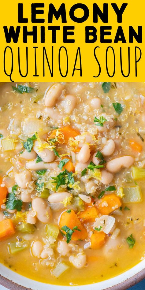 This Lemony White Bean Soup with Quinoa is easy to throw together, with minimal ingredients, and is packed with vegetables and plant based protein from the white beans and quinoa. If you're looking for a cozy vegan one pot meal, to enjoy this winter, this soup is for you! #whitebeansoup #vegetariandinner #onepotmeal #vegan White Bean Quinoa Soup, Chicken Soup Quinoa, Quinoa In Soup, Quinoa Veggie Soup, Chickpea And White Bean Soup, Crockpot Quinoa Recipes, Lemony White Bean Soup, Veggie Quinoa Soup, Soup With Quinoa