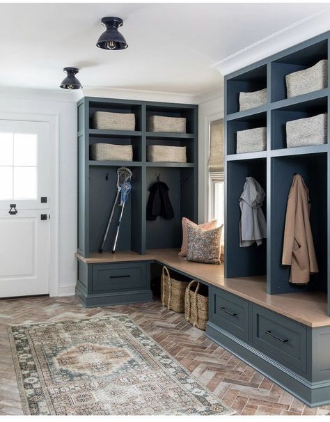 Mudroom Cubbies With Bench, Blue Mudroom, Brick Herringbone Floor, Beadboard Trim, Mudroom Paint Color, Transitional Laundry Room, Mudroom Cubbies, Mudroom Remodel, Built In Lockers