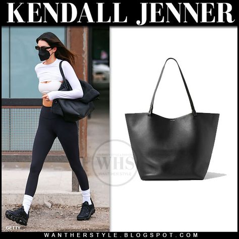 Kendall Jenner The Row Bag, Kendall Jenner The Row, Kendall Bag, Leather Tote Bag Outfit, Tote Bag Outfit, The Row Bag, Alo Yoga Leggings, Tote Outfit, Black Leather Tote Bag