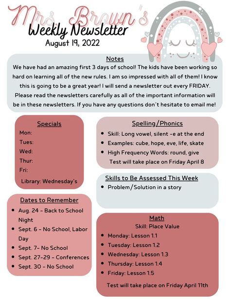 Weekly Classroom Newsletter, School Newsletter Template Free, Parent Communication Forms, Newsletter Template Free, Weekly Newsletter Template, School Newsletter Template, Classroom Newsletter Template, Meet The Teacher Template, School Newsletter