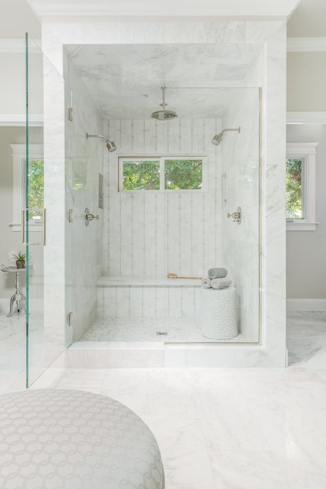 Custom shower with mosaic tile, custom glass enclosure, and double shower heads. by Gilmore Design Studio - Lookbook - Dering Hall Shower Room Design Ideas, Double Shower Heads, Walk In Shower Designs, Bathroom Shower Heads, Double Shower, Master Shower, Small Showers, Rooms Ideas, Trendy Bathroom