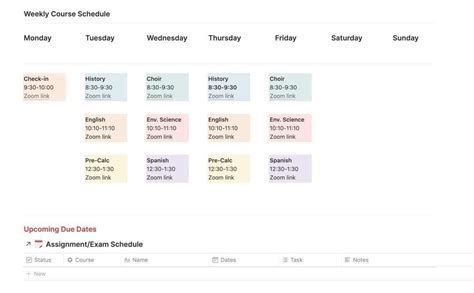 Notion Time Schedule Template  At Aylinlilith School Notion Page, Notion Template For College, Weekly Class Schedule Template, Uni Schedule, College Class Schedule Template, Notion Schedule, College Notion, Study Timetable Template, Notion Template For Work