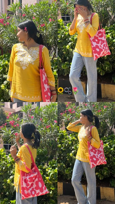 Yellow Short Kurti With Jeans, Short Kurti Layout Ideas, Poses In Kurti And Jeans, Short Kurti Poses Aesthetic, Short Kurtis With Jeans, Short Kurti With Jeans Outfit, Short Kurti Look, Desi College Outfits, Short Kurtis For Jeans