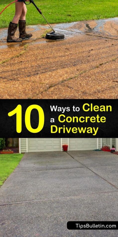 Free your concrete driveway from oil stains, grime, and mildew with these powerful homemade bleach cleaners. Scrubbing with a bristle brush, rinsing with a garden hose, and applying a sealer leaves your driveway looking like it’s been freshly poured. #clean #concrete #driveway Driveway Cleaner Diy, How To Clean Concrete, Cleaning Concrete Driveway, Cement Driveway, Pressure Washing Business, Concrete Cleaner, Homemade Bleach, Clean Concrete, Enzyme Cleaner