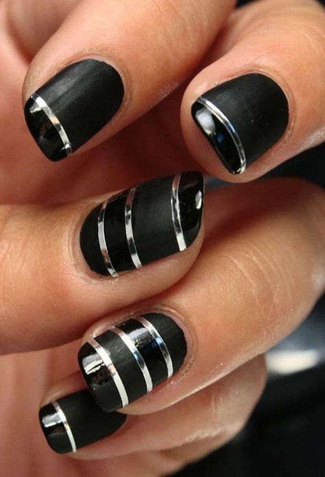 Classy Black Nails, Black Acrylic Nail Designs, Black And White Nails, Tape Nail Art, Matte Black Nails, Black Acrylic Nails, Nail Tape, Silver Nail, Black Nail Art