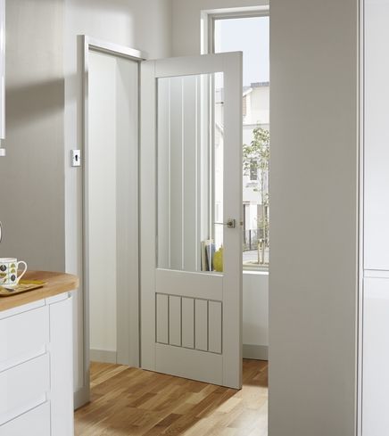 Primed Dordogne glazed door | Internal stile & rail doors | Doors & joinery | Howdens Joinery Internal Cottage Doors, Loft Door, Internal Glazed Doors, Cottage Style Interiors, White Internal Doors, Cottage Door, Fitted Bathroom, Door Fittings, White Doors