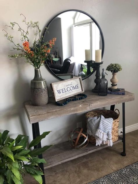 Boho Farmhouse Entryway Table, Metal And Wood Entry Way Table, Entryway Table Industrial Farmhouse, Black Entryway Table, Barn Wood Hallway Table, Barn Wood Entry Way Table, Hallway Table Decor, Grey And Brown Living Room, Entry Table Decor